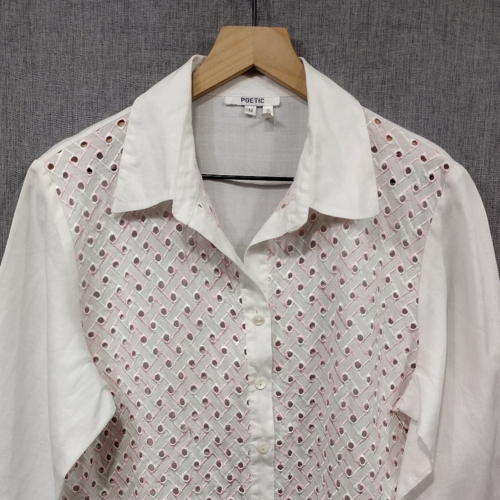 Poetic Eyelet Button Shirt Women's 12 White Pink Barbiecore Retro Casual Office - Picture 2 of 9
